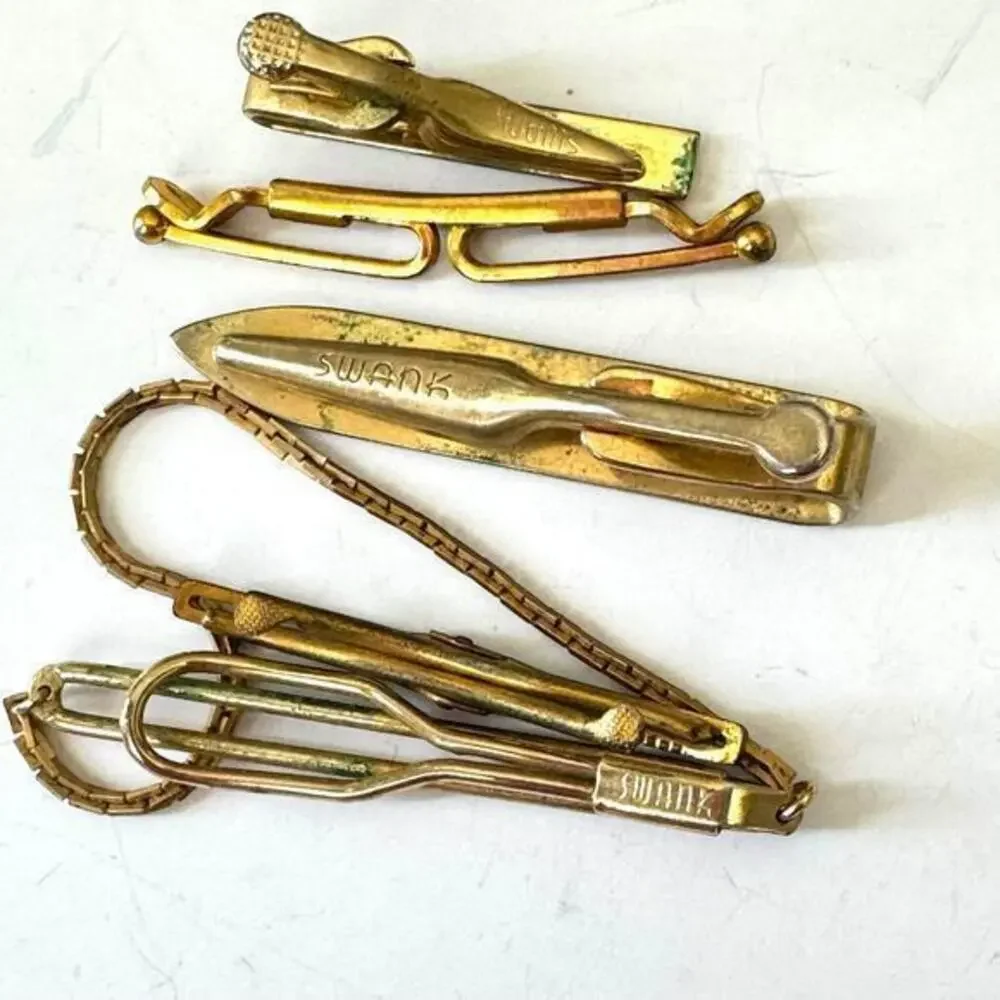 Vintage Lot of 5 Men’s Jewelry Swank Tie Bats and Tie Clips Gold Metal 1950s